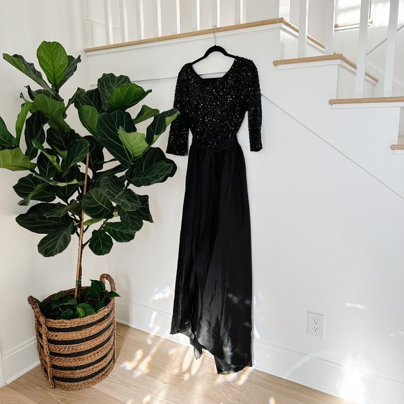 Adrianna Papell Black Sequin High Low Bow Ballgown Dress Size 14 - Picture 1 of 6